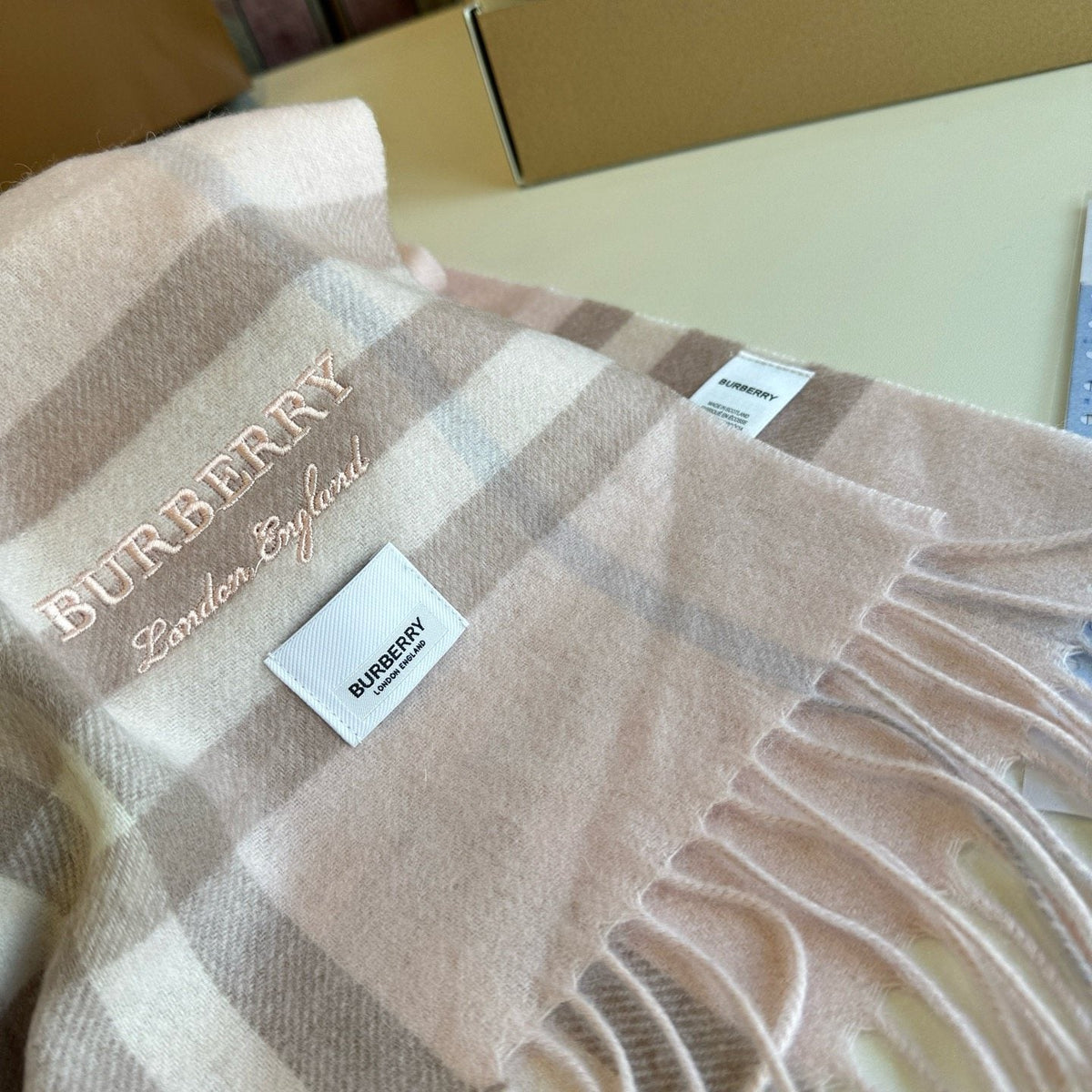Burberry Blush Pink Plaid Fringed Scarf