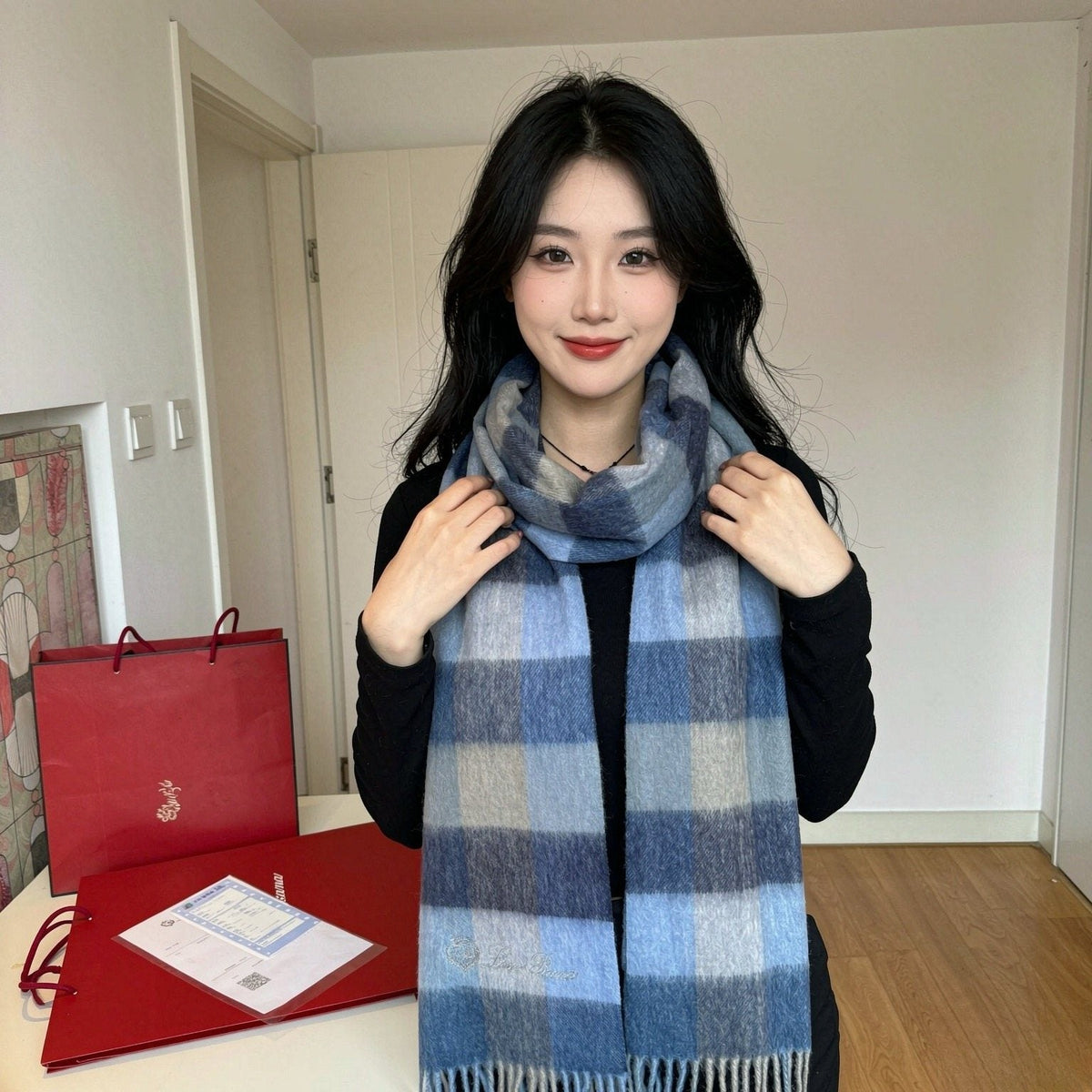 Loro Piana Oversized Check Fringed Scarf