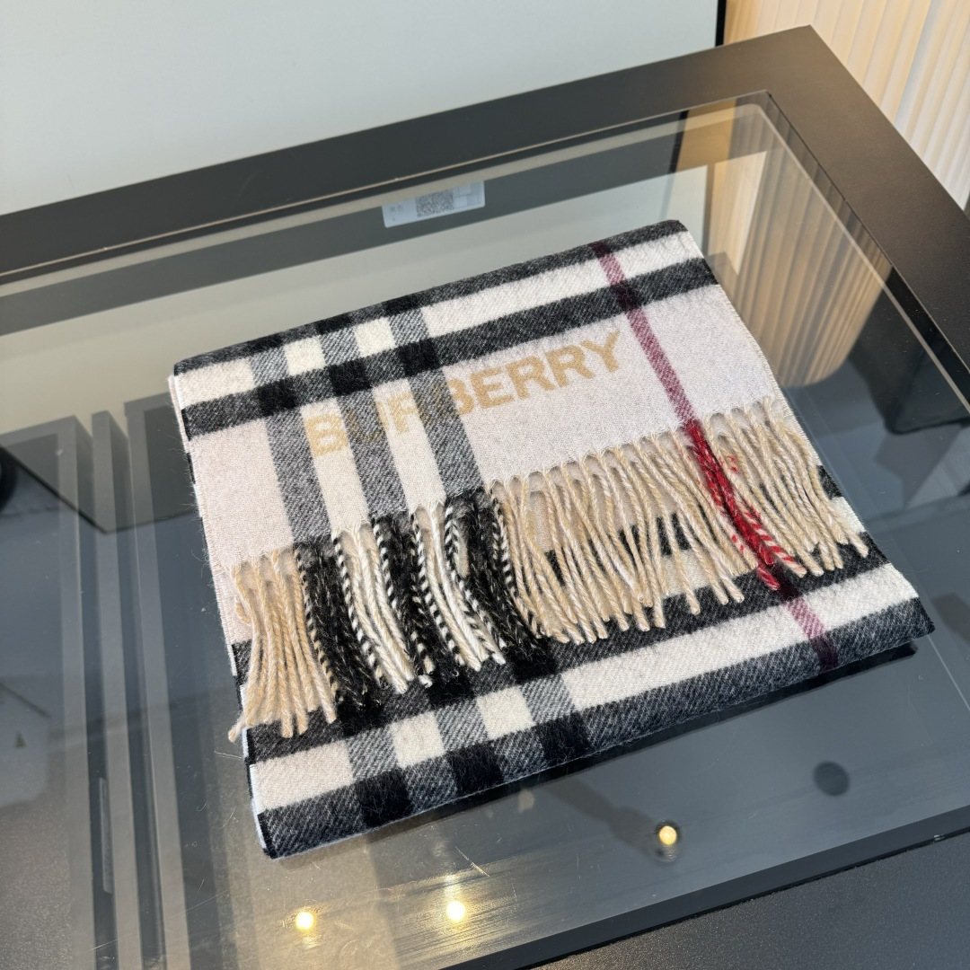 Burberry Lettered Plaid Fringed Scarf
