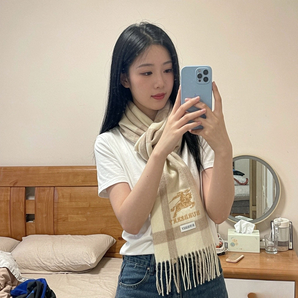Burberry Cream Taupe Check Fringed Scarf