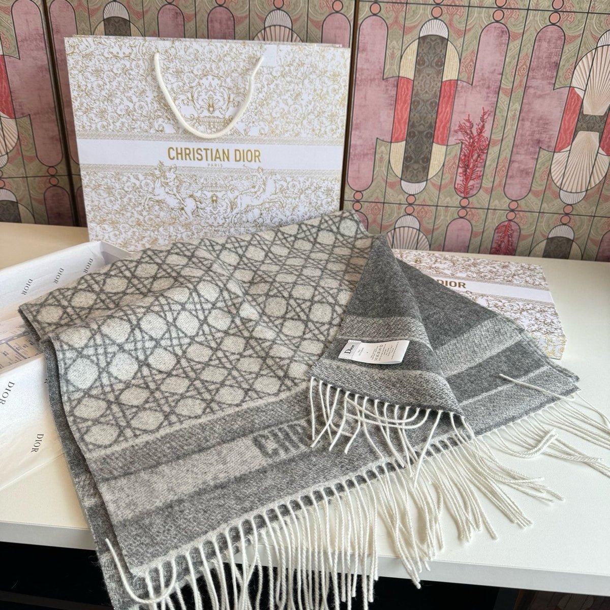 Dior Geometric Woven Scarf with Lettered Border
