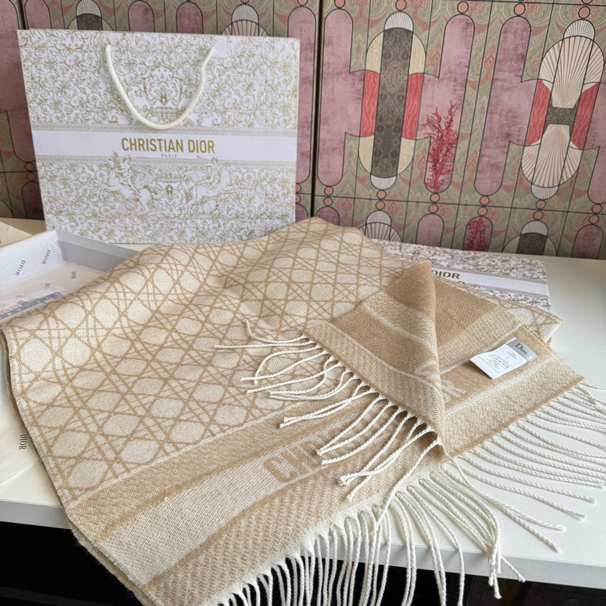 Dior Geometric Woven Scarf with Lettered Border